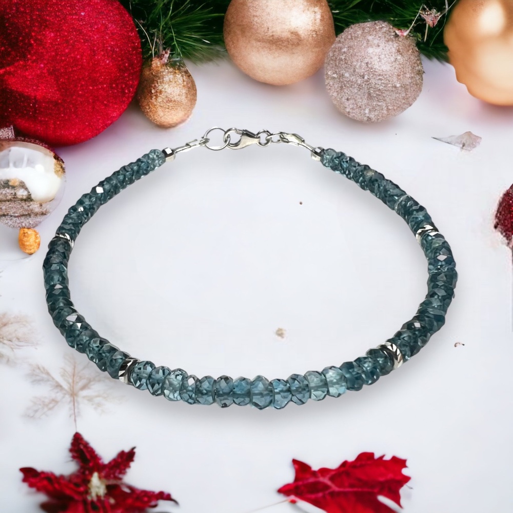 Handcrafted Solid 14K White Gold Natural London Blue Topaz Bracelet , 7.3"